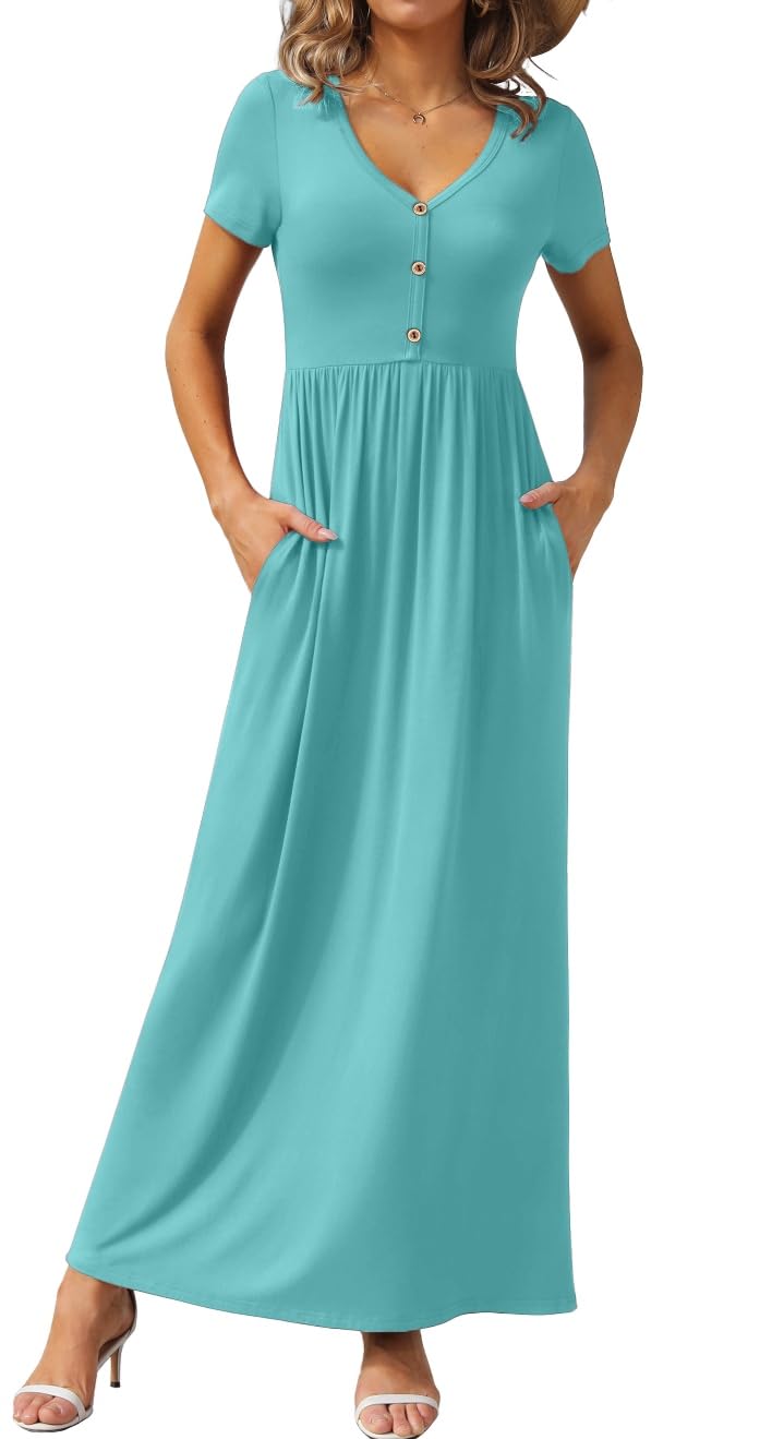 GRECERELLE Womens Summer Long Maxi Dresses 2026 Short Sleeve V Neck Casual Button Dress with Pockets