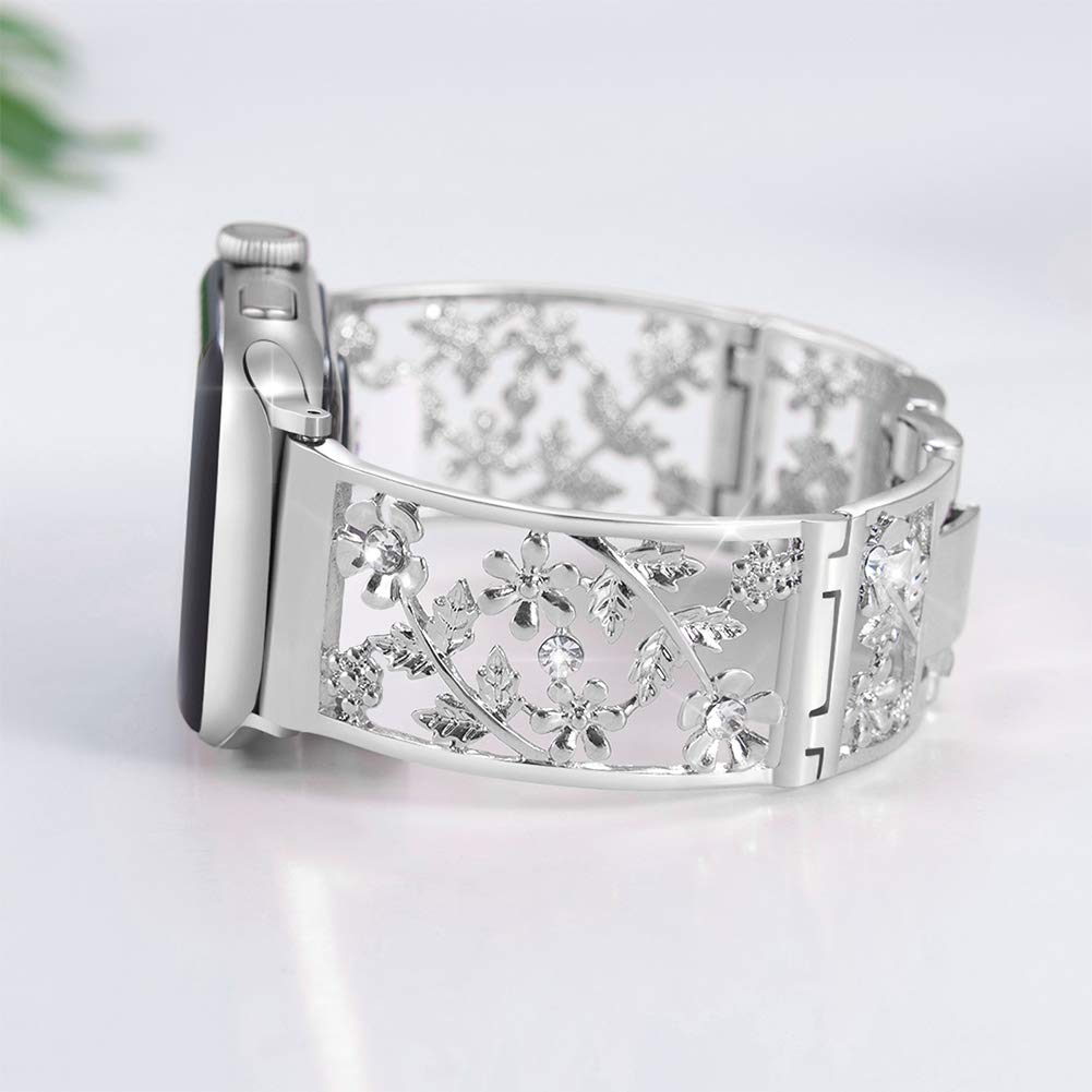 Floral Band Compatible with Apple Watch Jewelry Band 38mm 40mm 41mm 42mm iWatch Bands Series 11 10 9 8 7 6,Bling Crystal Bracelet Hollow Metal Strap,Fashion Women Wristband(38/40/41/42mm,Black)