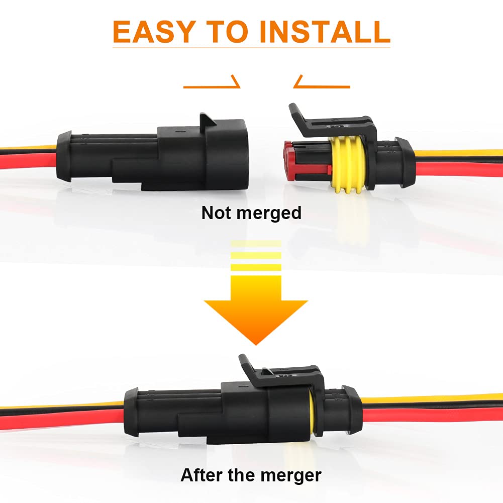 NAOEVO 2 Pin Connector Waterproof, 16 AWG 2 Wire Connectors, Automotive Electrical Male and Female Plug with Heat Shrink Tubing for Car Truck Boat Wire Connection, 6 Kits