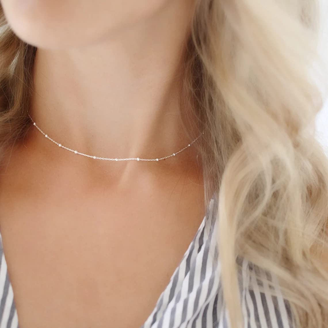 BERISO 14K Gold/Silver Plated Choker Necklace for Women Shining Dots Station Gold Chain Necklace Beads Sparkle Chain Necklace Link Chain Exquisite Jewelry for women
