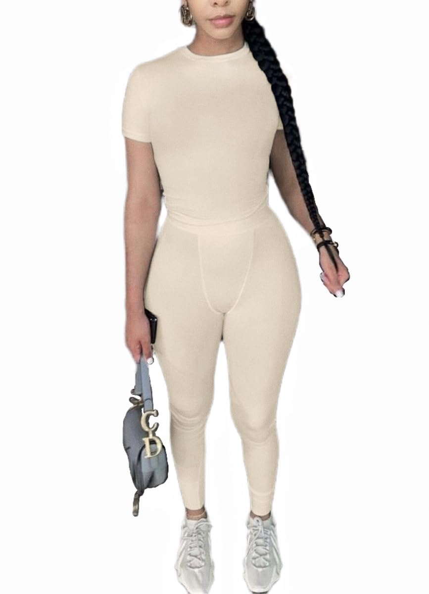 AYWA Two Piece Outfits for Women Fitted Crew Neck T-shirt High Waist Leggings Biker Shorts Matching Sets Streetwear