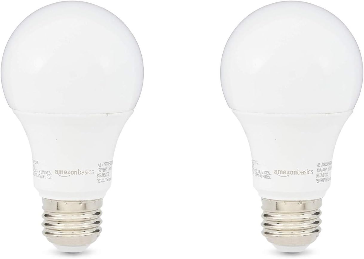 Amazon Basics A19 LED Light Bulbs, 60W Equivalent, 9W Energy Efficient, E26 Standard Base, Soft White 2700K, Non-Dimmable, 10,000 Hour Lifetime, Easy to Install, 2-Pack