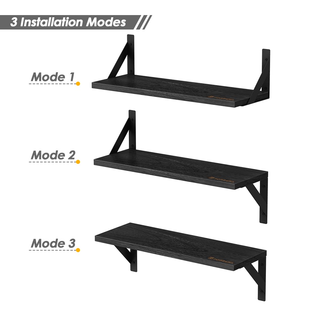 Forbena 12 Inch Deep Floating Shelves for Wall, Wide Black Wall Mounted Shelves for Bedroom Office Books Plants, Large Hanging Shelf for Living Room Bathroom Kitchen Closet Pantry Storage (3-Pack)