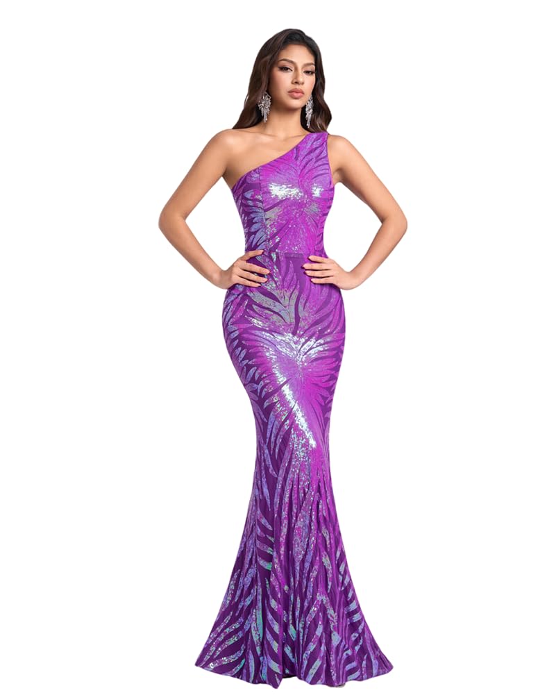 Giffniseti Women's One Shoulder Holographic Sequin Dresses Evening Gown Formal Prom Maxi Dress