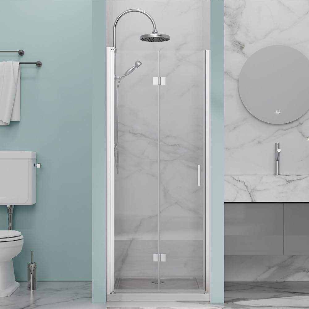 28” x 72” Pivot Shower Door, 1/4 inch Tempered Glass Panel Pivot Swing Shower Door in Matte Black Finish, Semi-Frameless Design