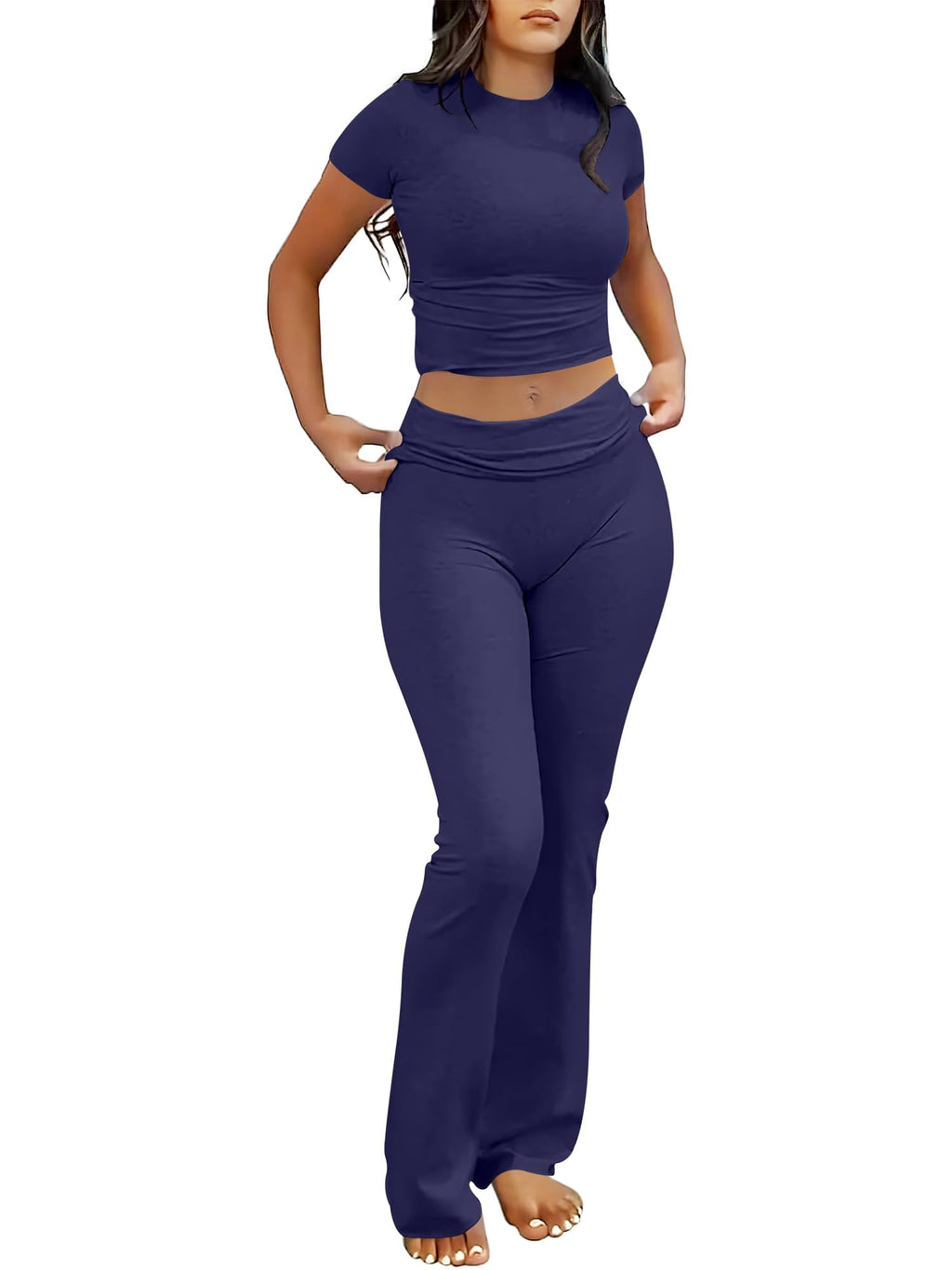 ANRABESS 2 Piece Lounge sets for Women | Soft Comfy Stretchy, Crop Top & Foldover Flare Leggings, Yoga Workout Matching Outfits, Trendy Y2k, Summer Wear Fall Layer