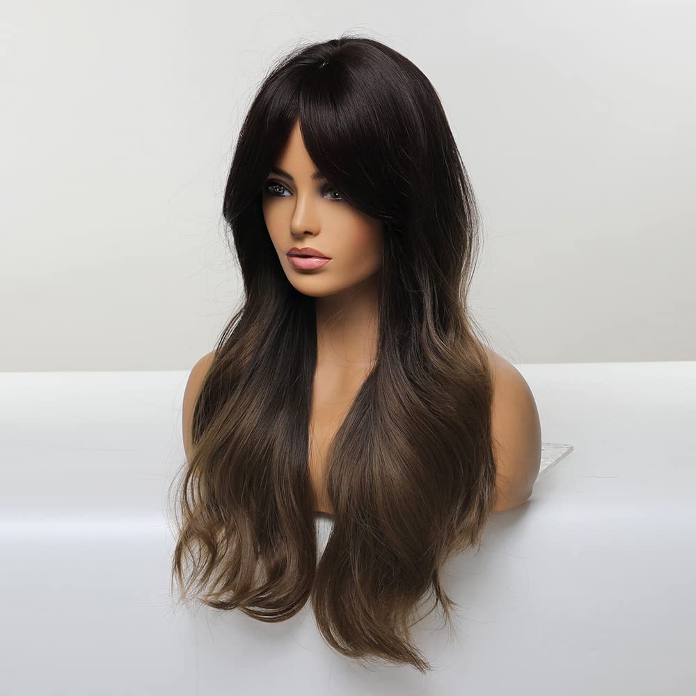 HAIRCUBE Auburn Wigs for Women,Long Layered Orange Wigs with Bangs Heat Resistant Synthetic Fibre Wigs(pelucas de cabello natural)