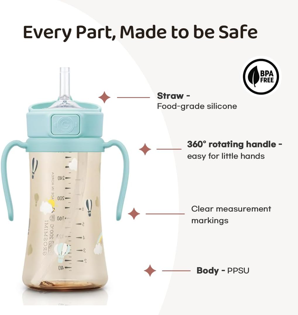 GROSMIMI PPSU Baby Straw Cup Stage 2, 12M+, Spill-Proof, 10oz (Unicorn)