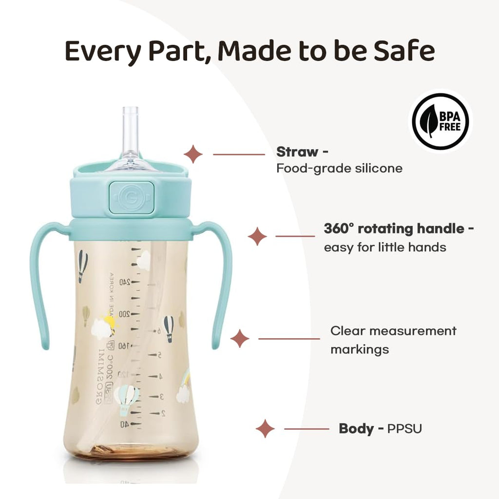 GROSMIMI PPSU Baby Straw Cup Stage 2, 12M+, Spill-Proof, 10oz (Air Balloon)