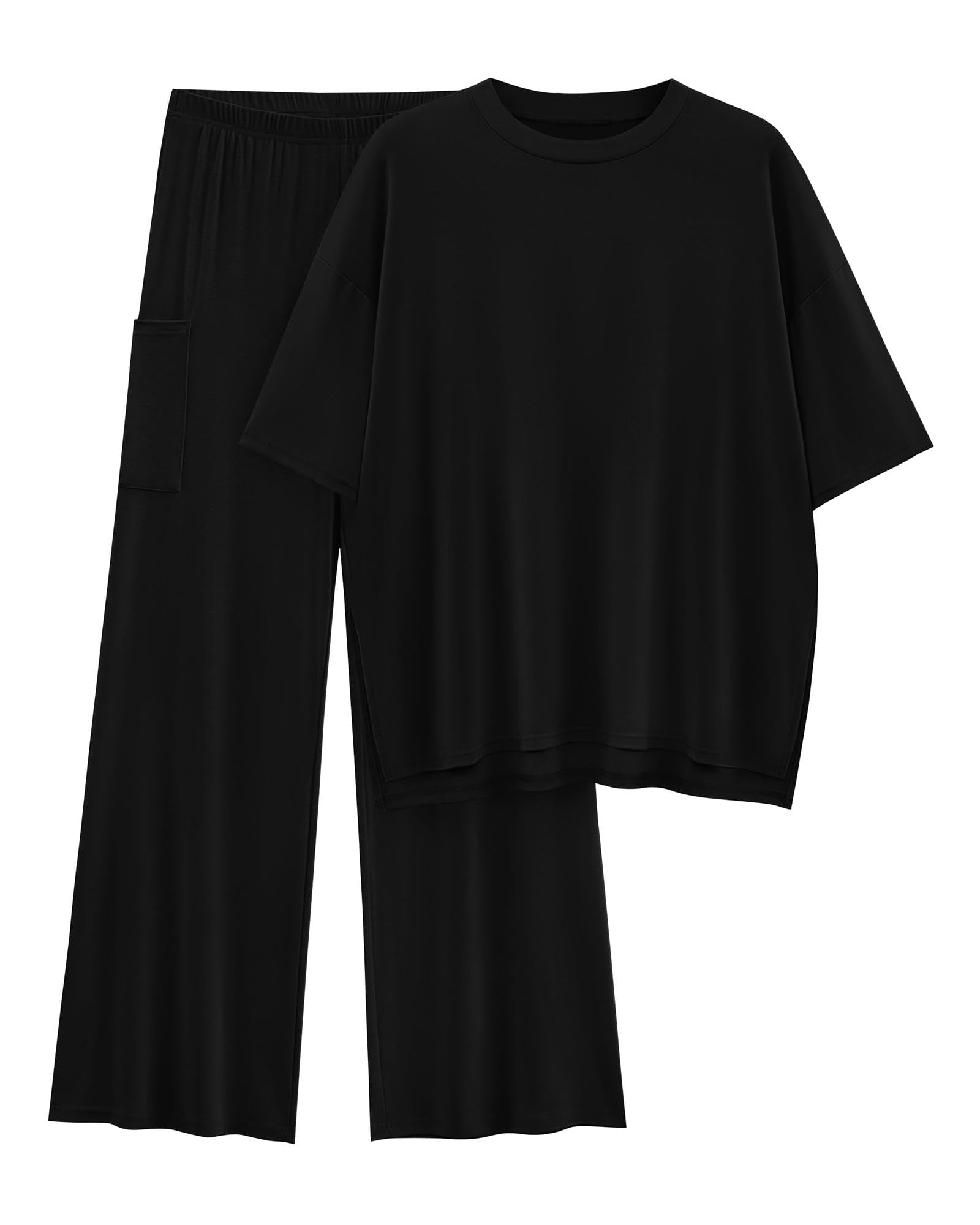 KIRUNDO 2 Piece Lounge Sets for Women Airport Travel Vacation Outfits Summer Casual Loose Short Sleeve Tops & Wide Leg Pants