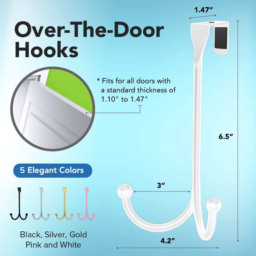 2-Pack Over The Door Hooks - with 2 Hang Heads & Snug Fit Pads Heavy Duty Hook for Hanging Coats, Towels, Caps & Robes - Elegant Matt Finish - No Drill Hanger Organizer - Black