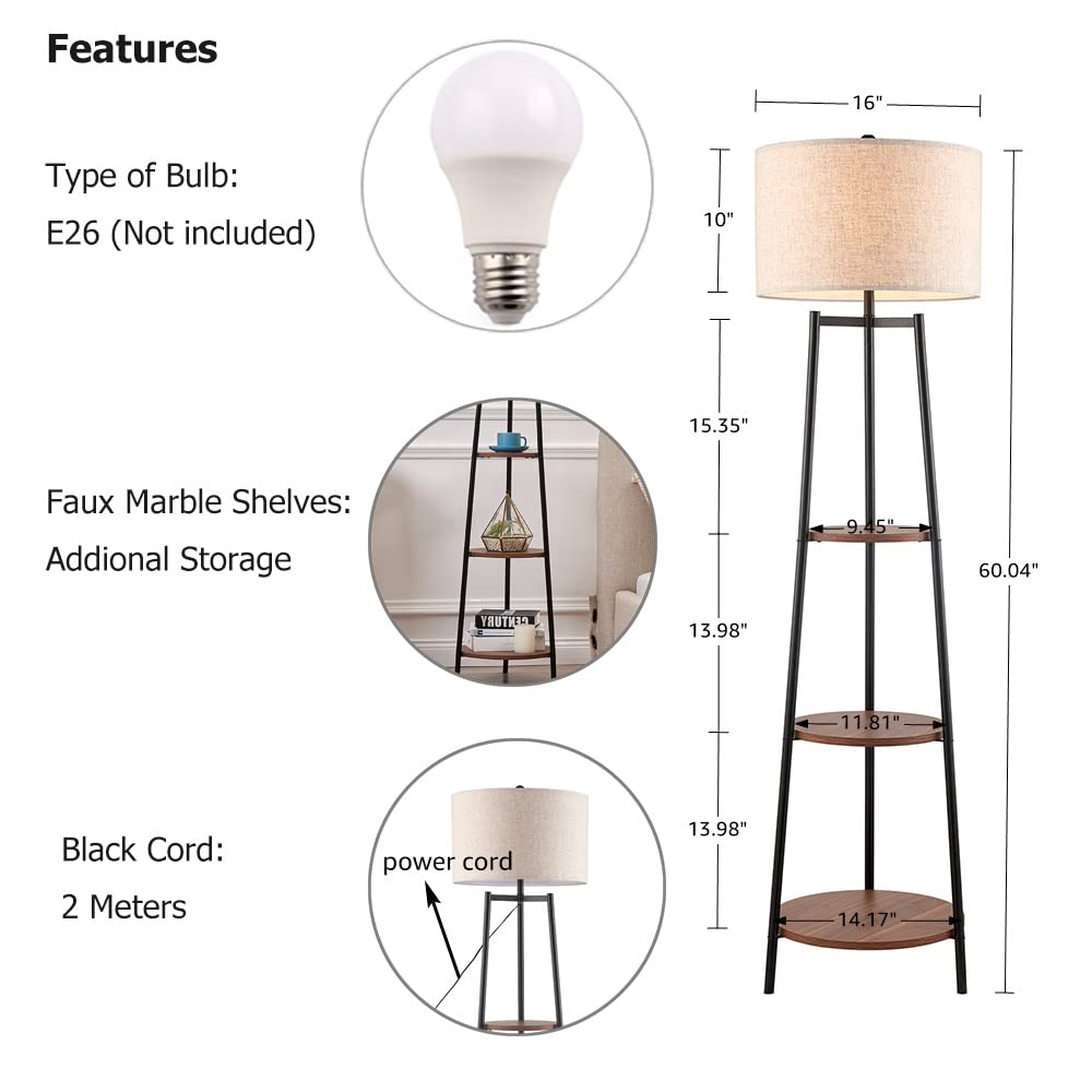 ROSEN GARDEN Floor Lamp, Standing Reading Light with Shelves and Fabric Shade, Modern Tall Pole Lamp, Accent Furniture Décor Lighting for Living Room, Bedrooms (Gold, 4-Tier)