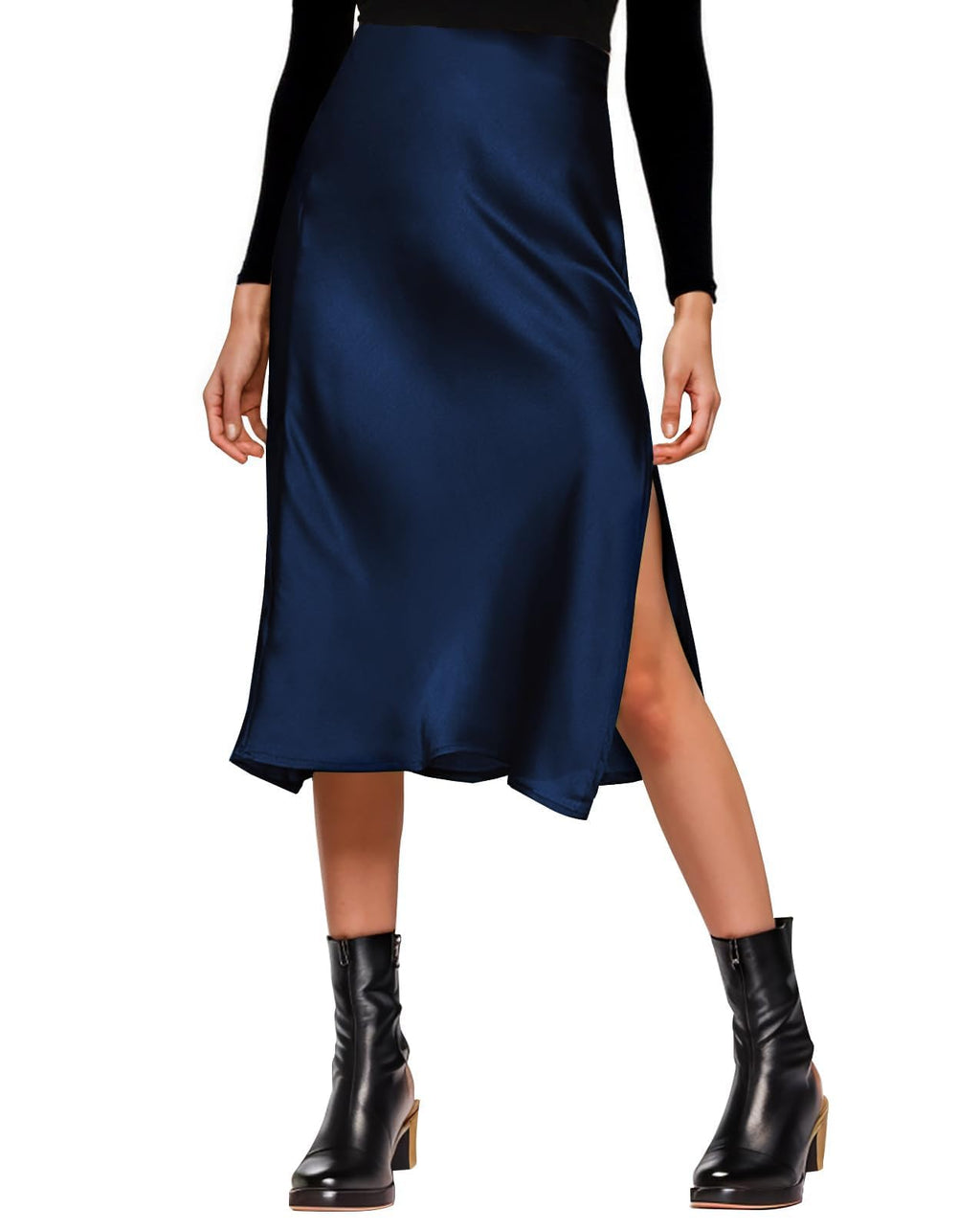 Amy Babe Womens Satin Silk High Waist Slit Midi Skirt Elastic Waistband Midi Skirts for Women