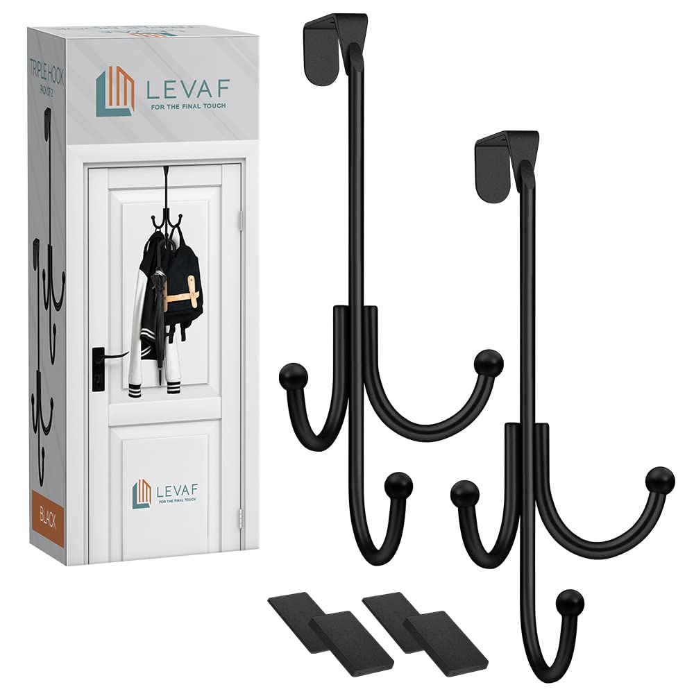2-Pack Over The Door Hooks - with 2 Hang Heads & Snug Fit Pads Heavy Duty Hook for Hanging Coats, Towels, Caps & Robes - Elegant Matt Finish - No Drill Hanger Organizer - Black
