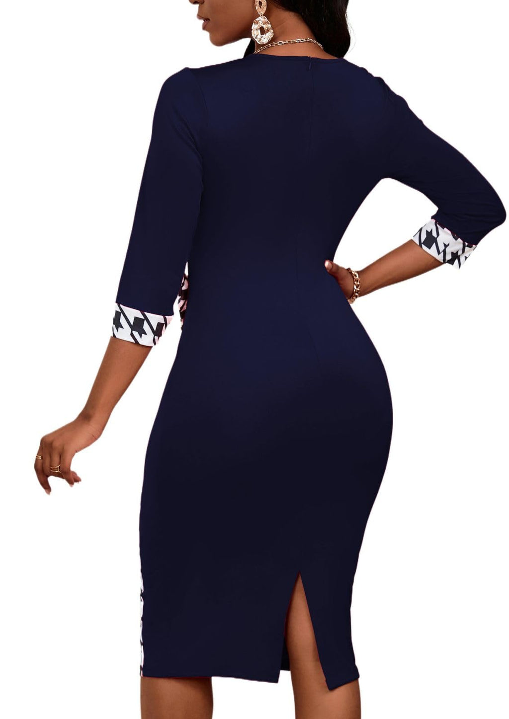 PerZeal Women's 3/4 Sleeve Round Neck Casual Houndstooth Bodycon Wear to Work Pencil Sheath Midi Dresses
