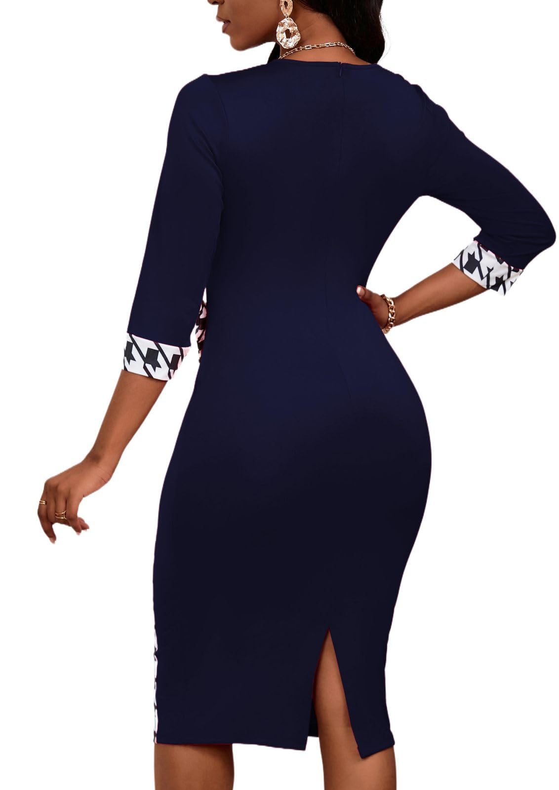 PerZeal Women's 3/4 Sleeve Round Neck Casual Houndstooth Bodycon Wear to Work Pencil Sheath Midi Dresses