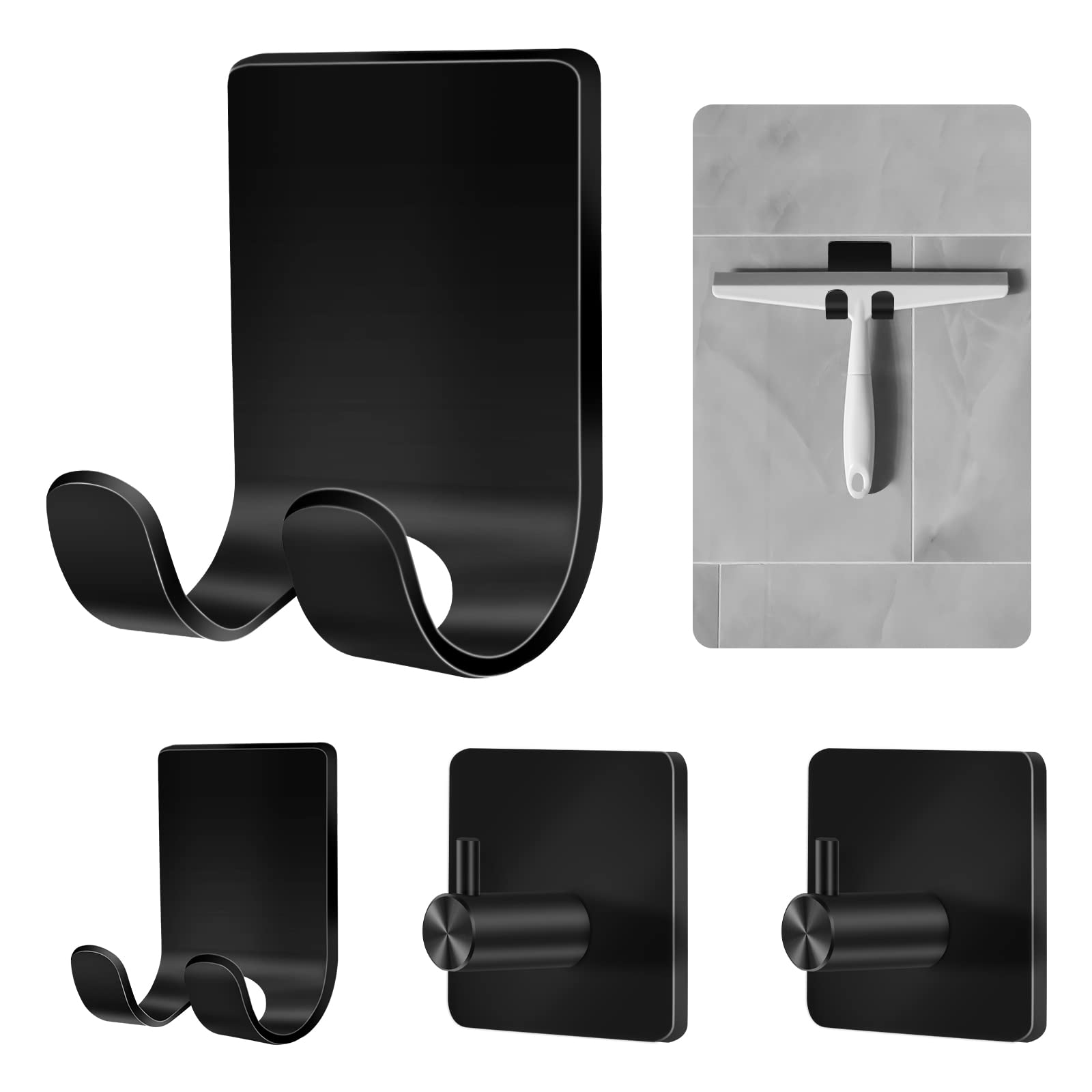 CGBE Shower Holders for Razors, 2 Pack Squeegee Holder and 2 Pack Razor Holder, Razors Holder for Shower Heavy Duty Waterproof Hook for Squeegee Loofah - Black