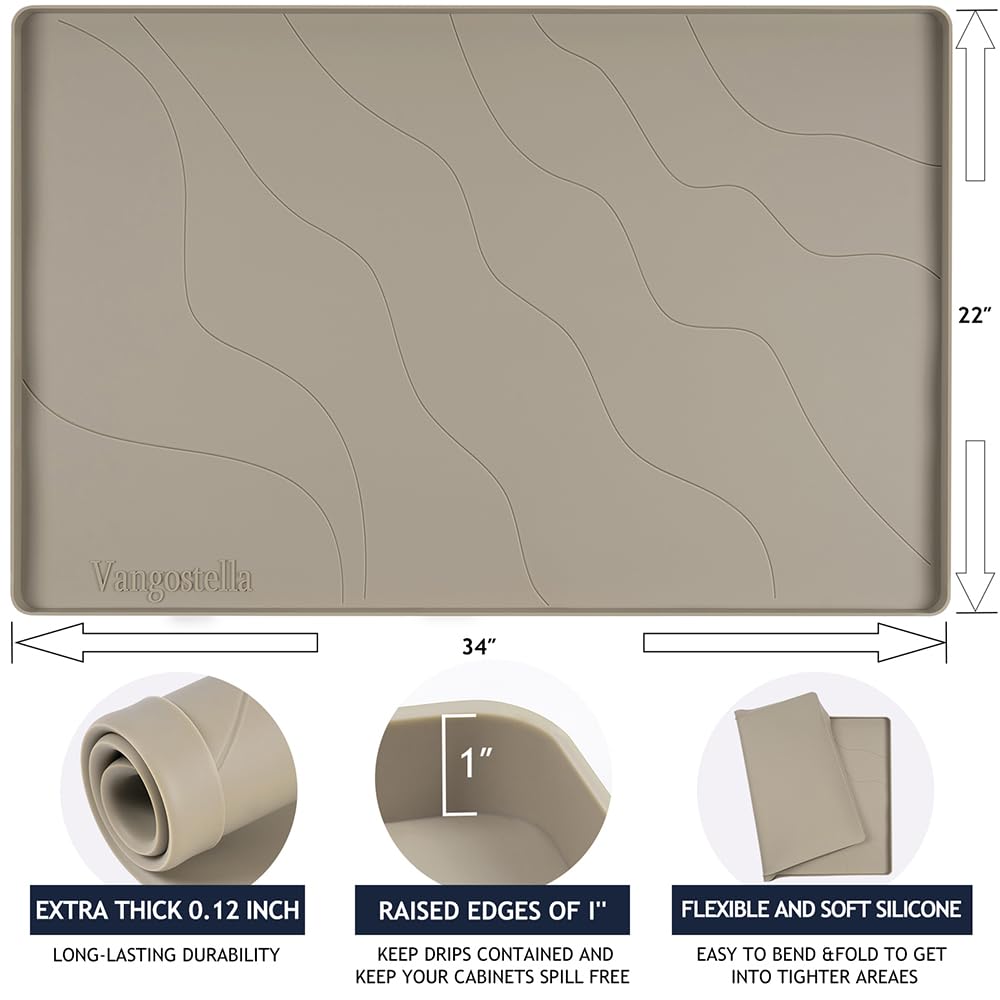 Heavy Duty Silicone Under Sink Mats for Kitchen Waterproof 19" x 19", Extra Thick Under Sink Rubber Mat Drip Tray, Raised Edge Under Sink Liner,Prevent Drips, Leaks, Spills,Beige