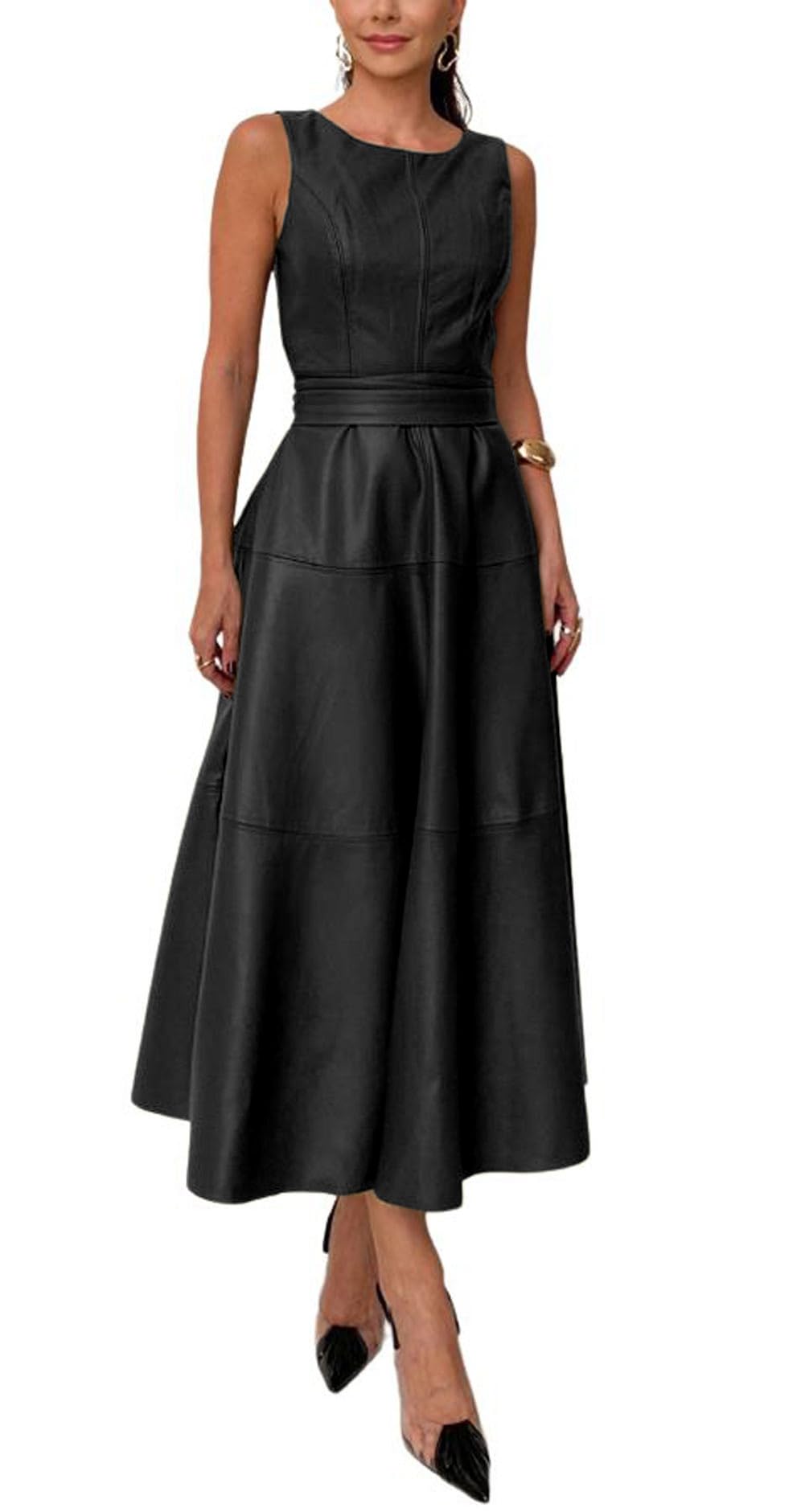 CHARTOU Women PU Faux Leather Sleeveless Elegant Flowy Long Dress Party Night Out Dress with Belt