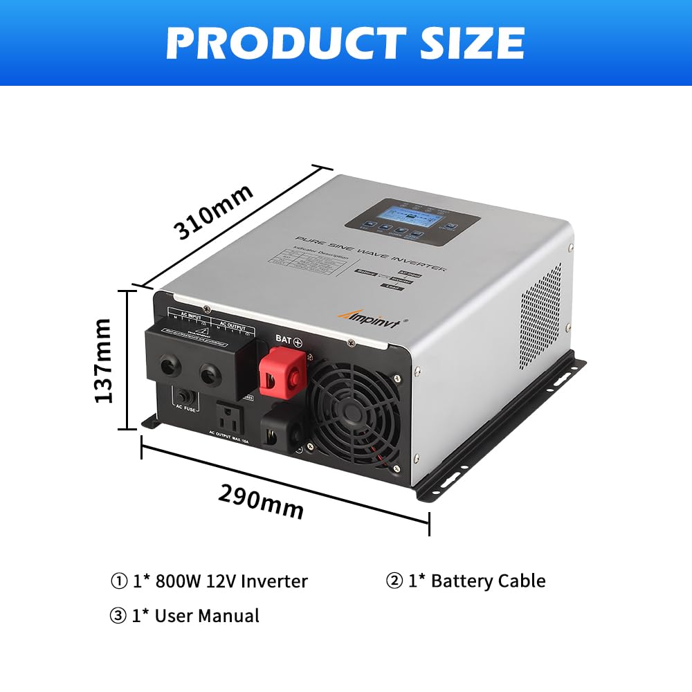Ampinvt 800W Pure Sine Wave Inverter with AC Charger, DC 12V to AC 120V Output,UPS Backup Power Low Frequency Inverter for Lithium, Sealed,AGM, Gel,and Flooded Batteries