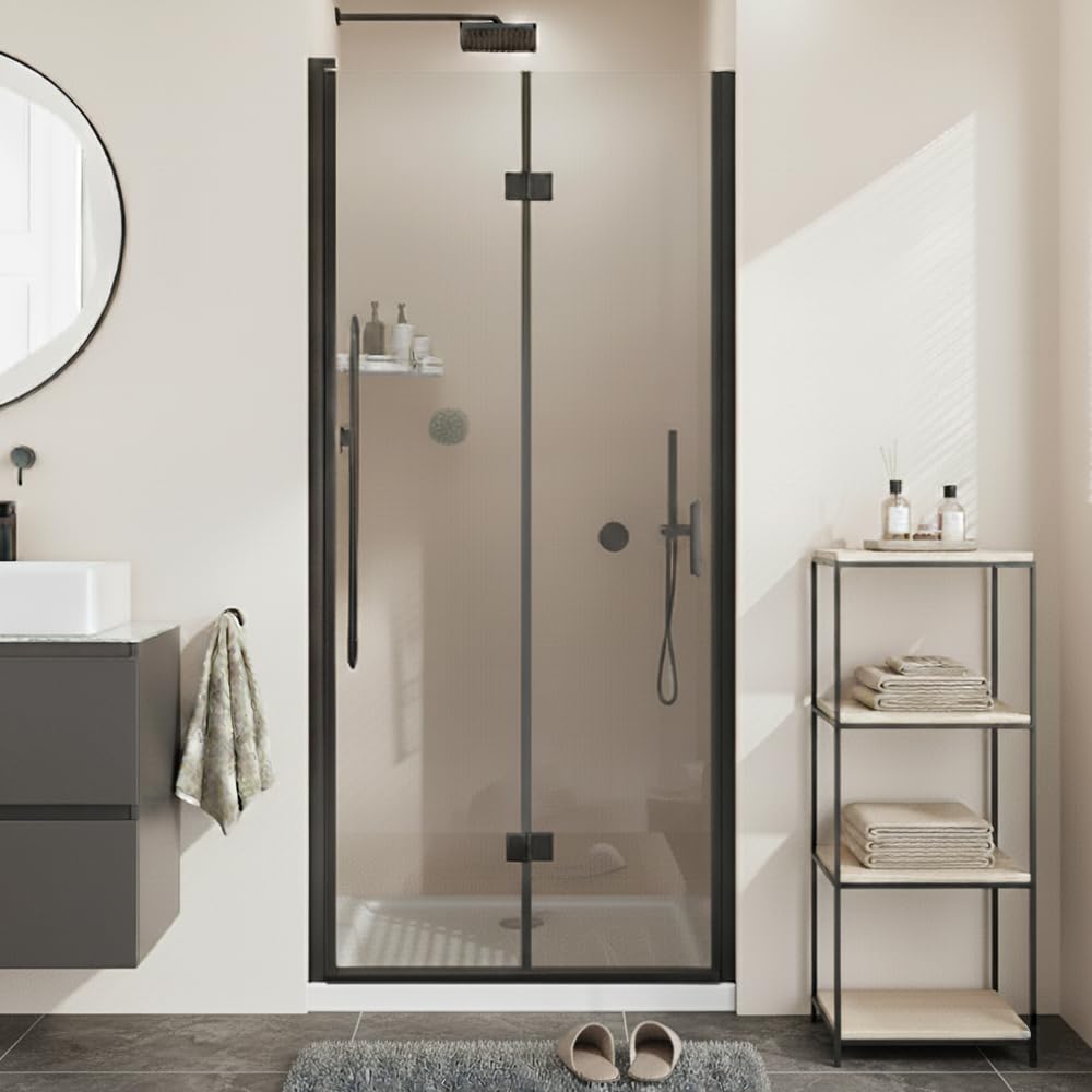 28” x 72” Pivot Shower Door, 1/4 inch Tempered Glass Panel Pivot Swing Shower Door in Matte Black Finish, Semi-Frameless Design