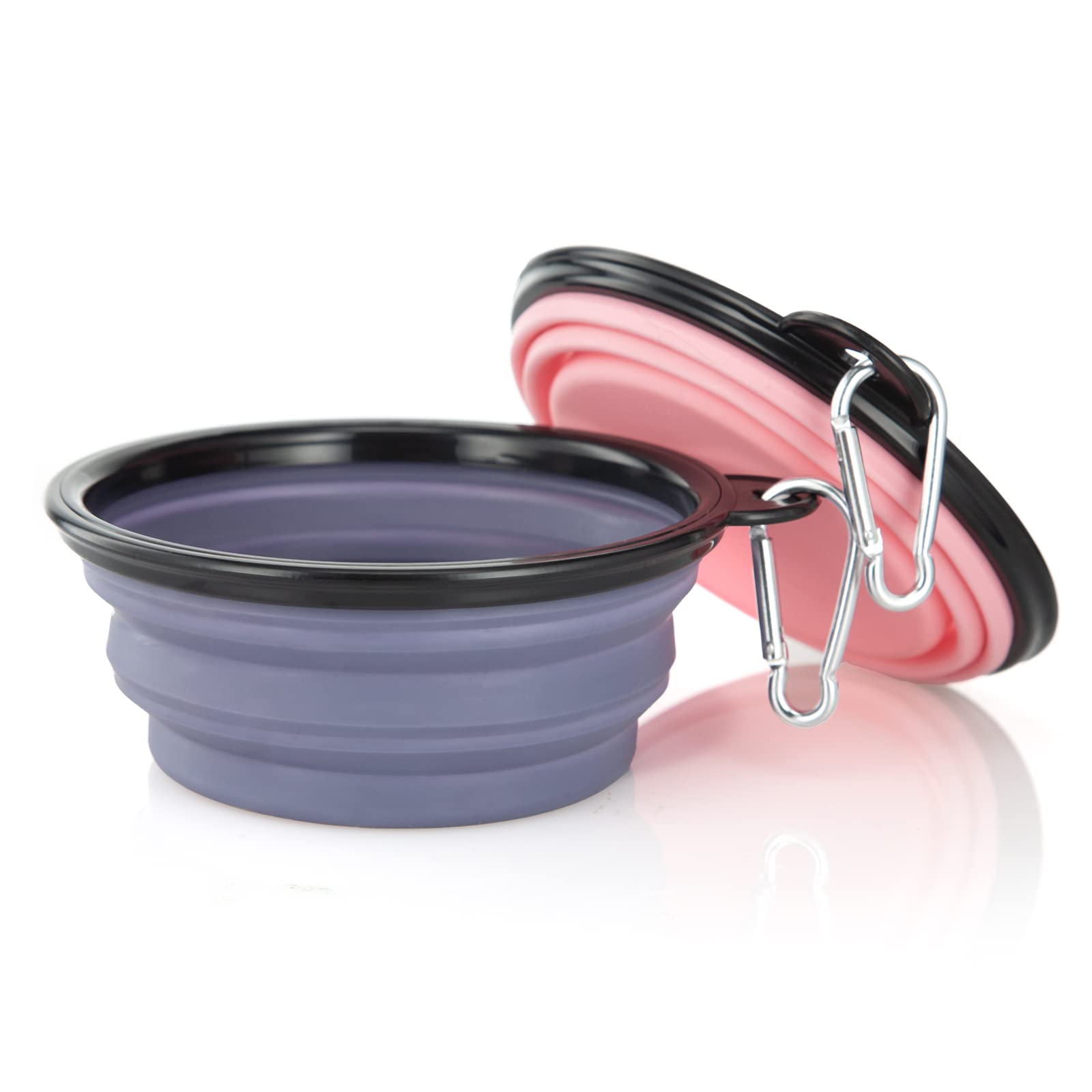 Dog Bowl Pet Collapsible Bowls, 2 Pack Collapsible Dog Water Bowls for Cats Dogs, Portable Pet Feeding Watering Dish for Walking Parking Traveling with 2 Carabiners (Small, Black & Pink)