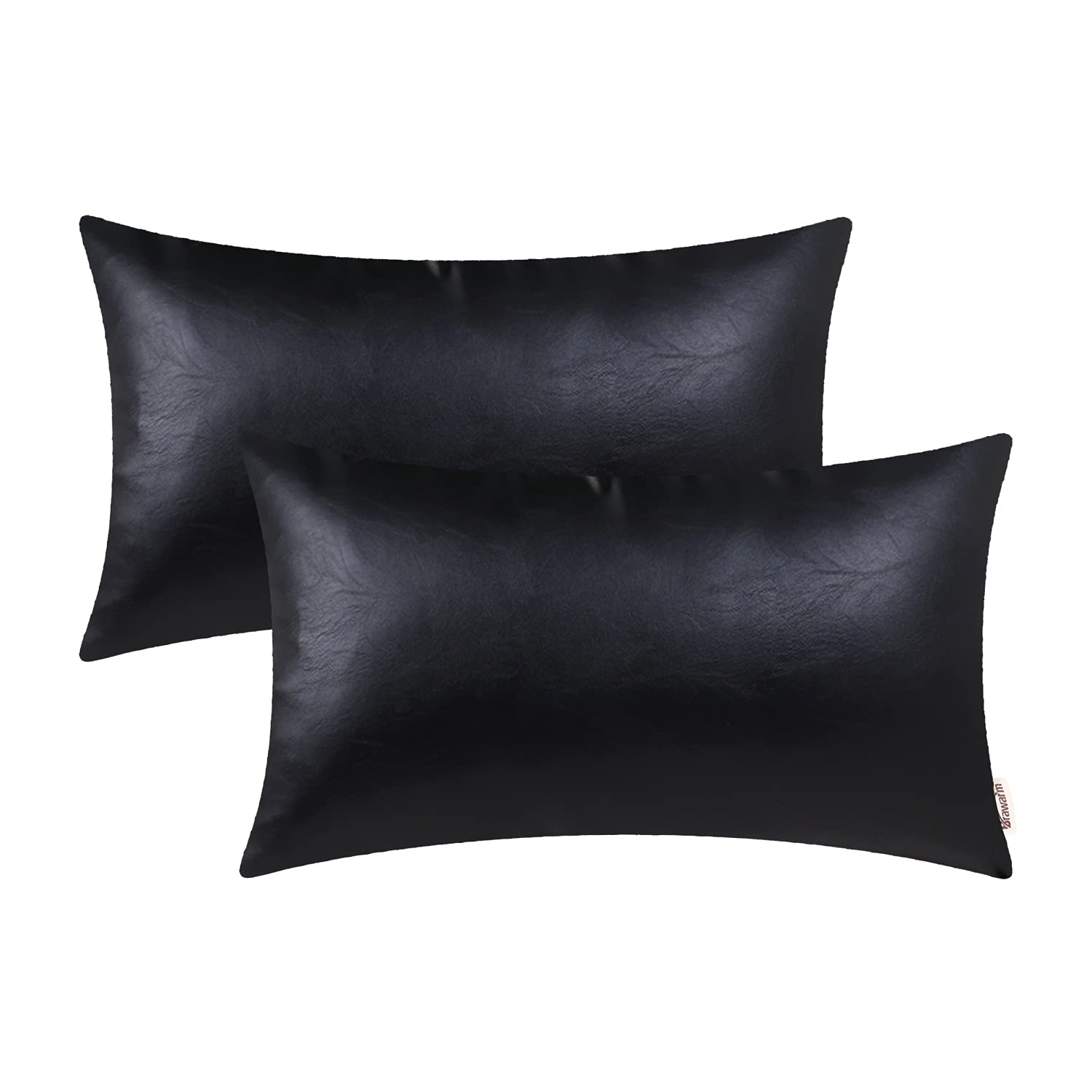 BRAWARM Faux Leather Throw Pillow Covers 16 X 16 Inches - Black Leather Pilow Covers Pack of 2, Solid Dyed Leather Pillowcases for Couch Bed Sofa Garden Home Decorative