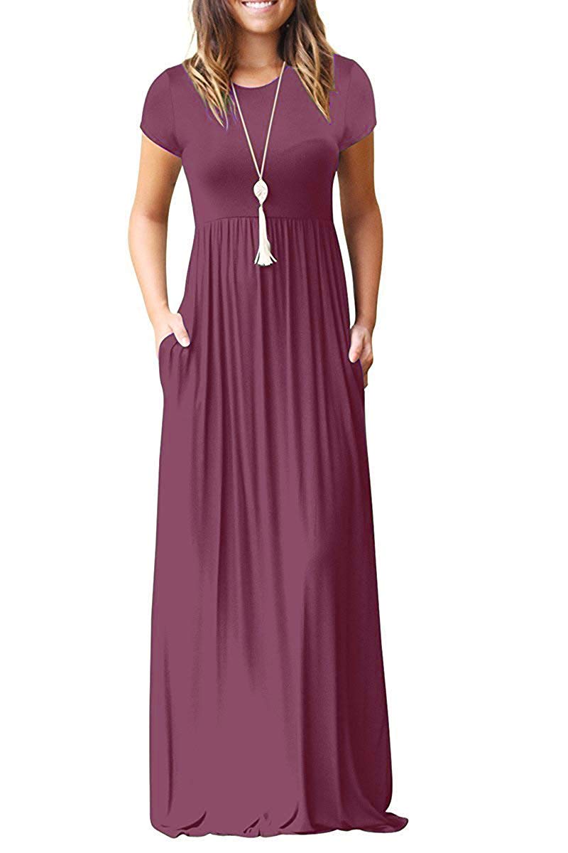 MISFAY Women Short Sleeve Loose Plain Maxi Dresses Casual Long Dresses Pockets