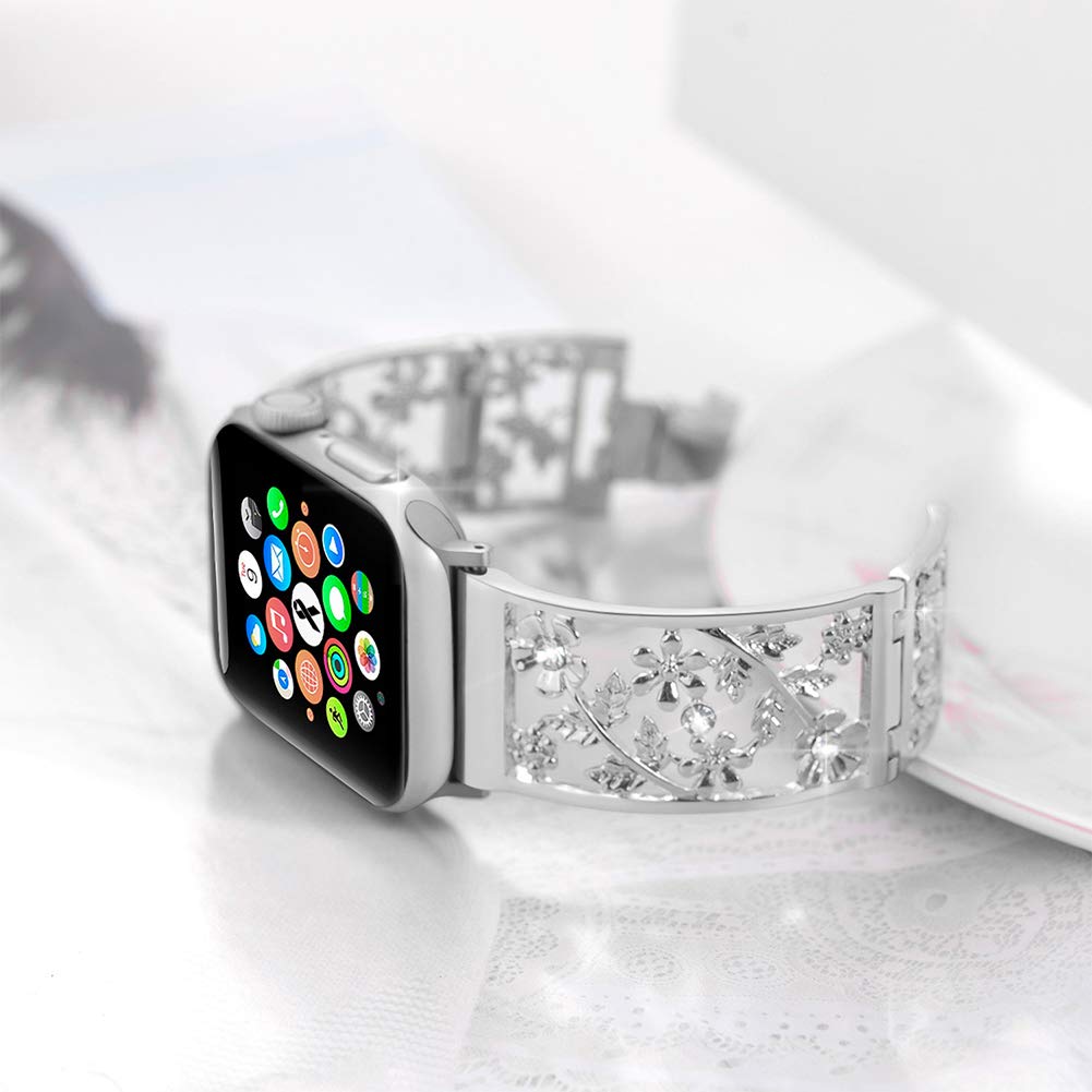 Floral Band Compatible with Apple Watch Jewelry Band 38mm 40mm 41mm 42mm iWatch Bands Series 11 10 9 8 7 6,Bling Crystal Bracelet Hollow Metal Strap,Fashion Women Wristband(38/40/41/42mm,Black)