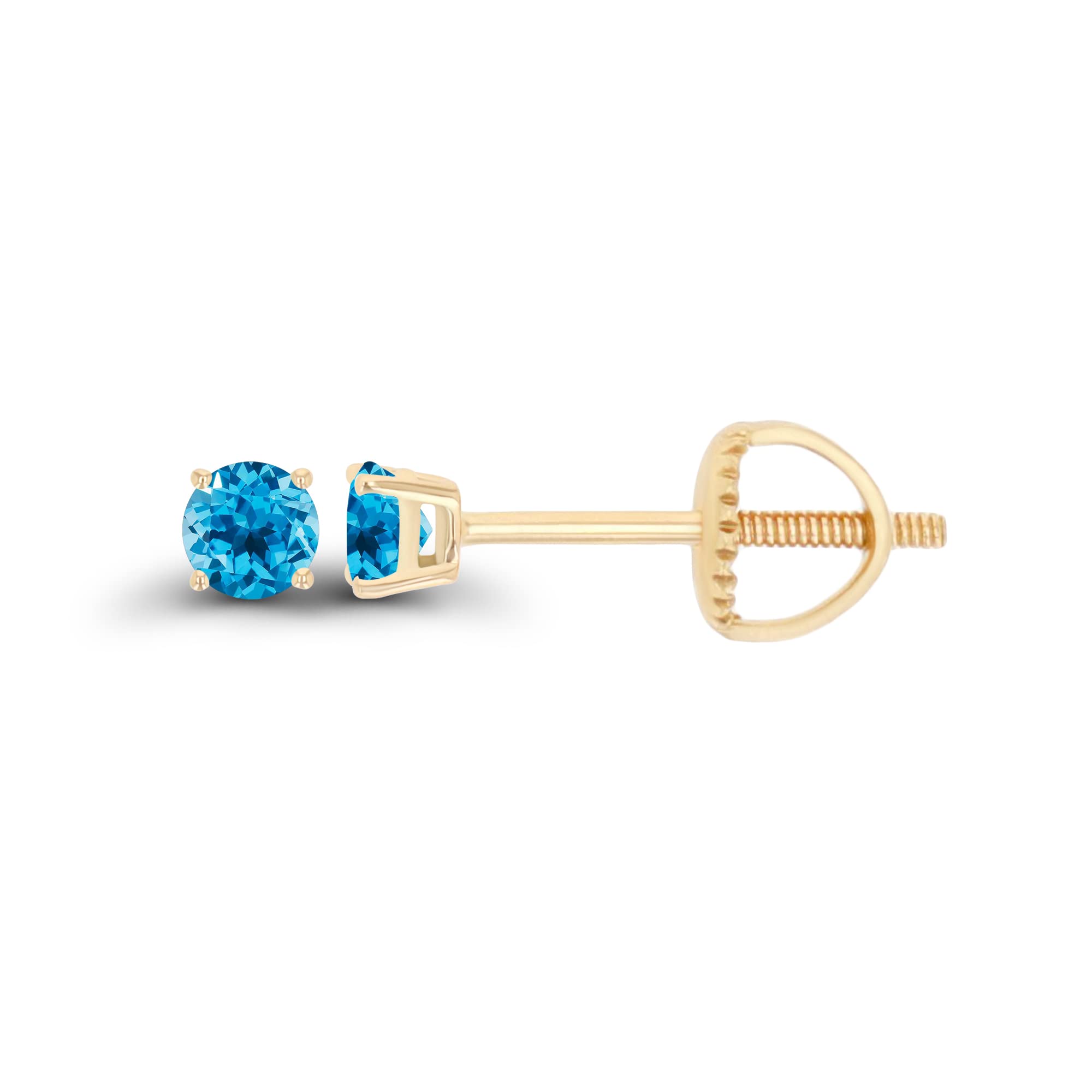 14K Gold Plated 925 Sterling Silver Hypoallergenic 3mm Round Genuine Birthstone Solitaire Screwback Stud Earrings