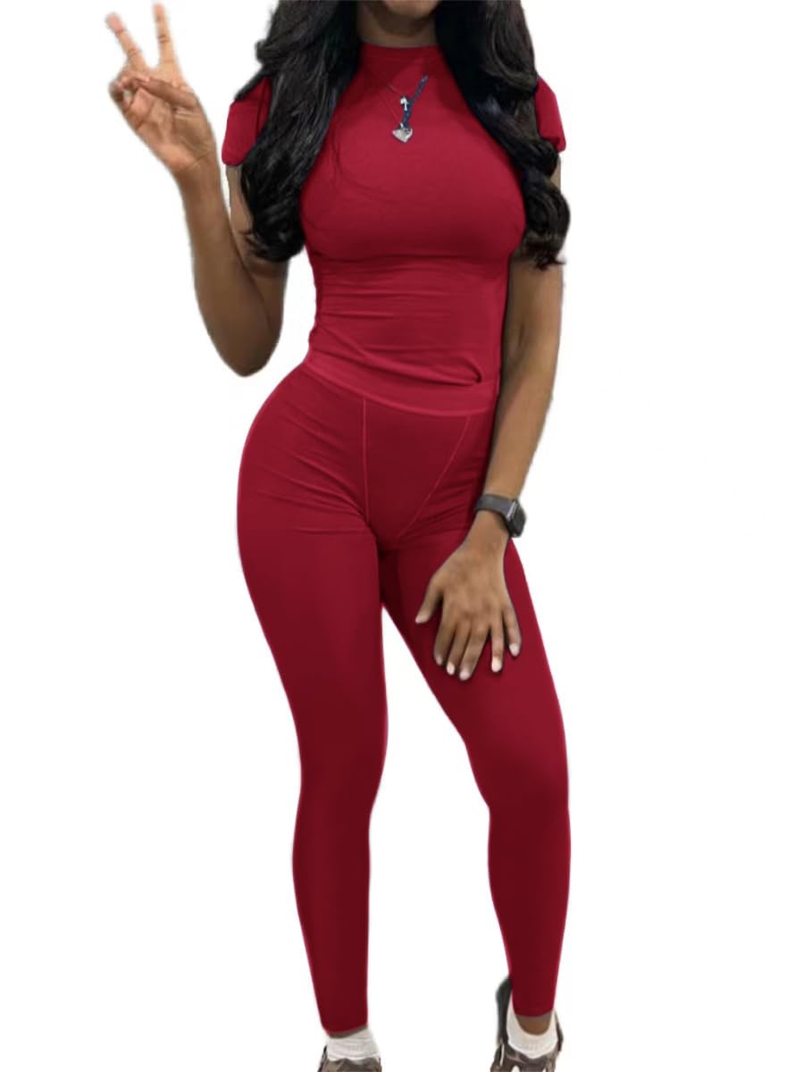 AYWA Two Piece Outfits for Women Fitted Crew Neck T-shirt High Waist Leggings Biker Shorts Matching Sets Streetwear