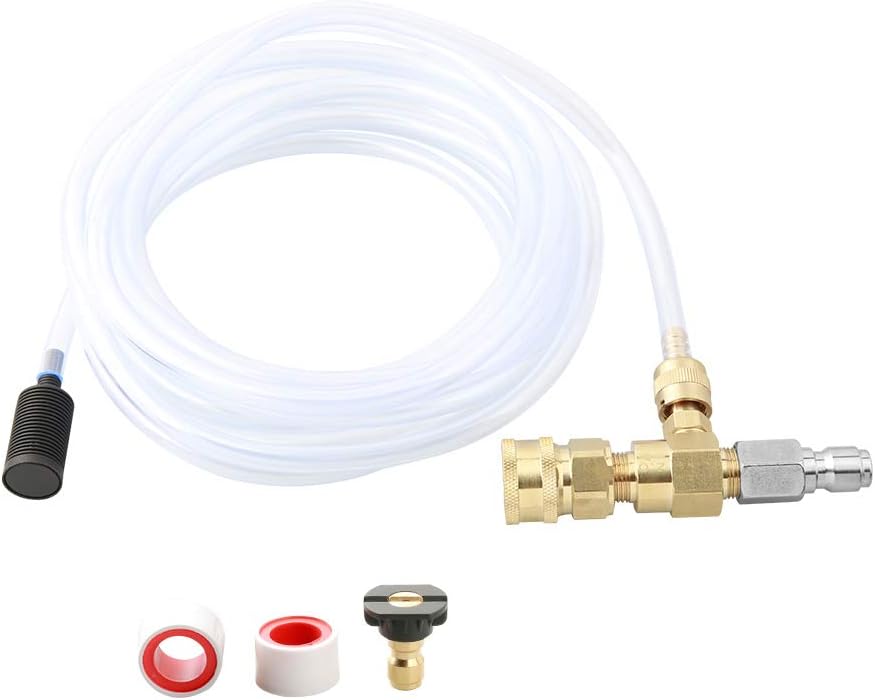 Sooprinse Chemical Injector Kit for High Pressure Washer, 4000 PSI Adjustable Soap Dispenser with a 1/4 Inch Black Soap Nozzle and Teflon Tape, 16 Ft Siphon Hose, 3/8 Inch Quick Connect