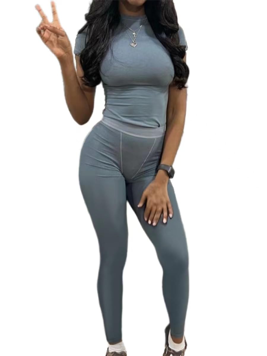 AYWA Two Piece Outfits for Women Fitted Crew Neck T-shirt High Waist Leggings Biker Shorts Matching Sets Streetwear