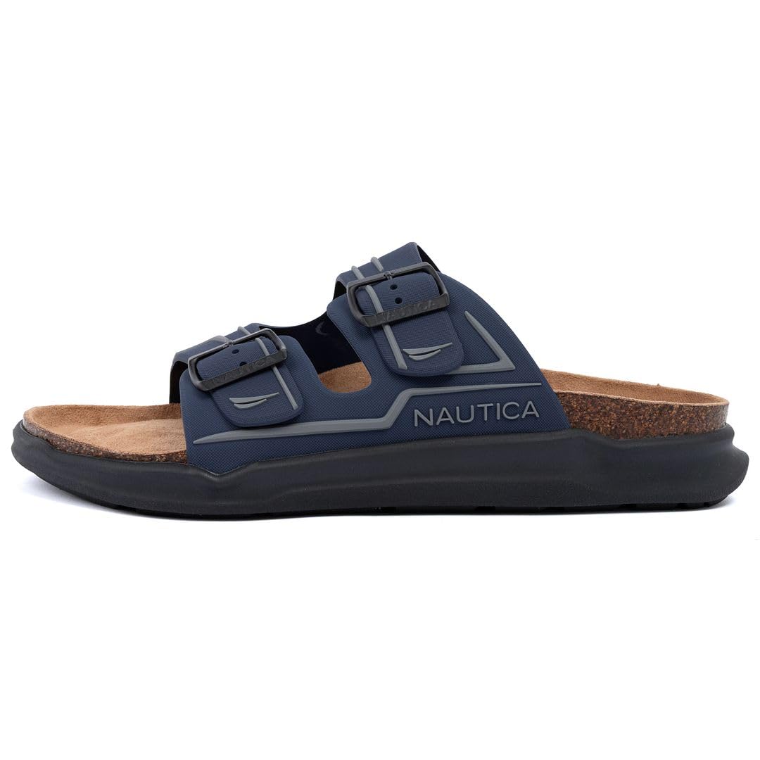 Nautica Men's Sandals - Casual Slides with 2 Adjustable Buckle Straps and Cork Footbed for Ultimate Comfort and Style (Regular/Wide Width, Big Size)