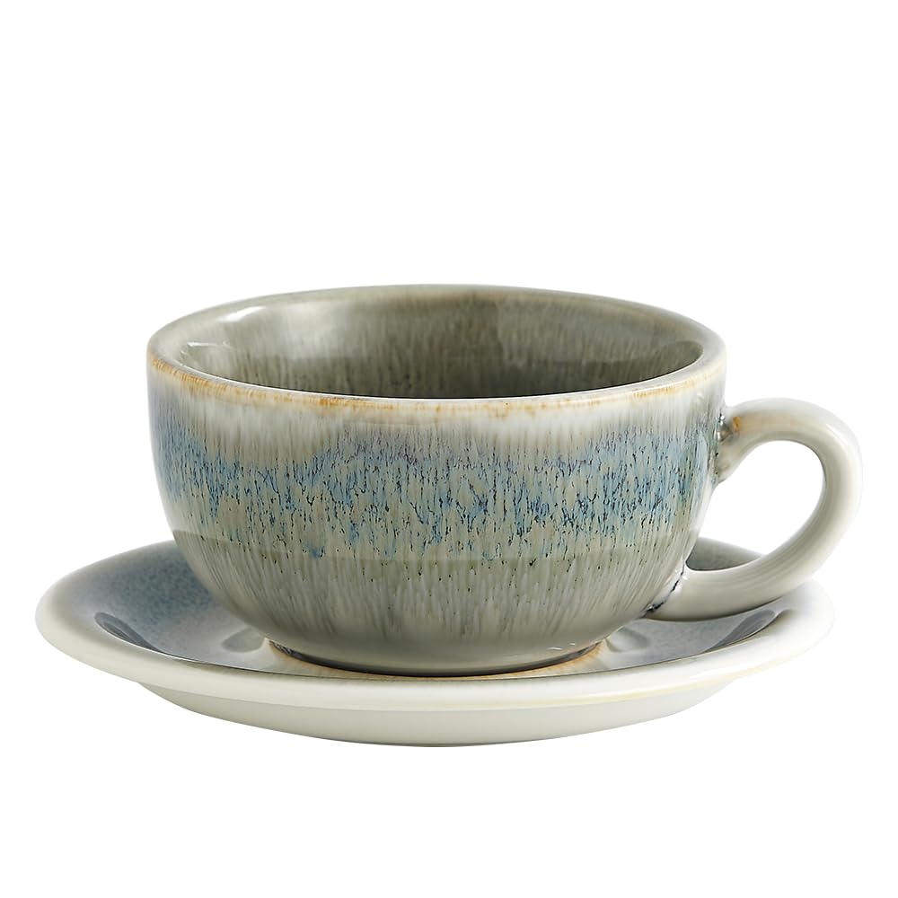 Coffeezone Vintage Design 12 oz Ceramic Latte Art Cappuccino Barista Cup with Saucer (Beige)