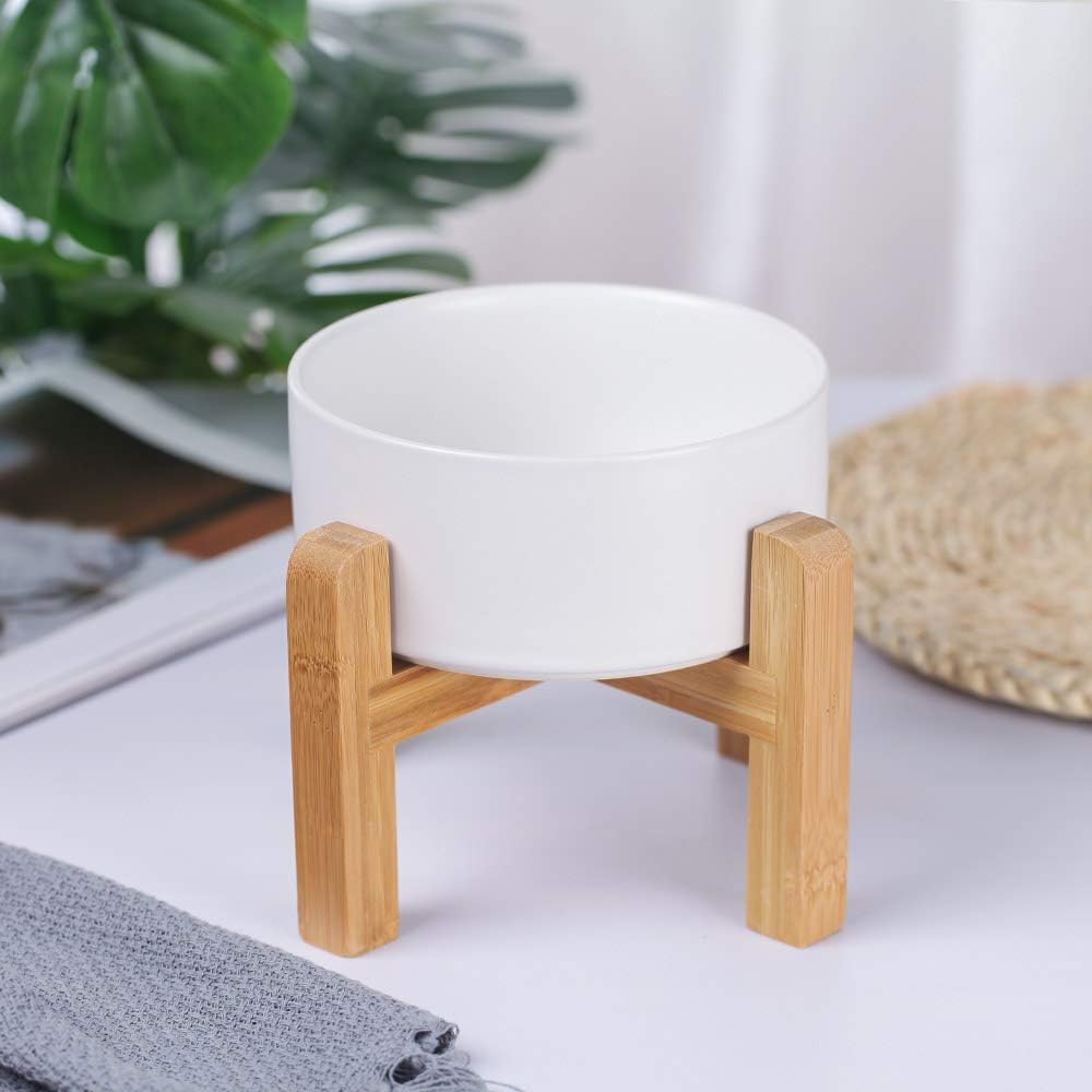 Raised Ceramic Cat Bowl - Cat Food Bowl with Bamboo Stand - Elevated Dog Food Dish for Puppies - Comfort Eating - 13.5 oz - 400 ml - Green
