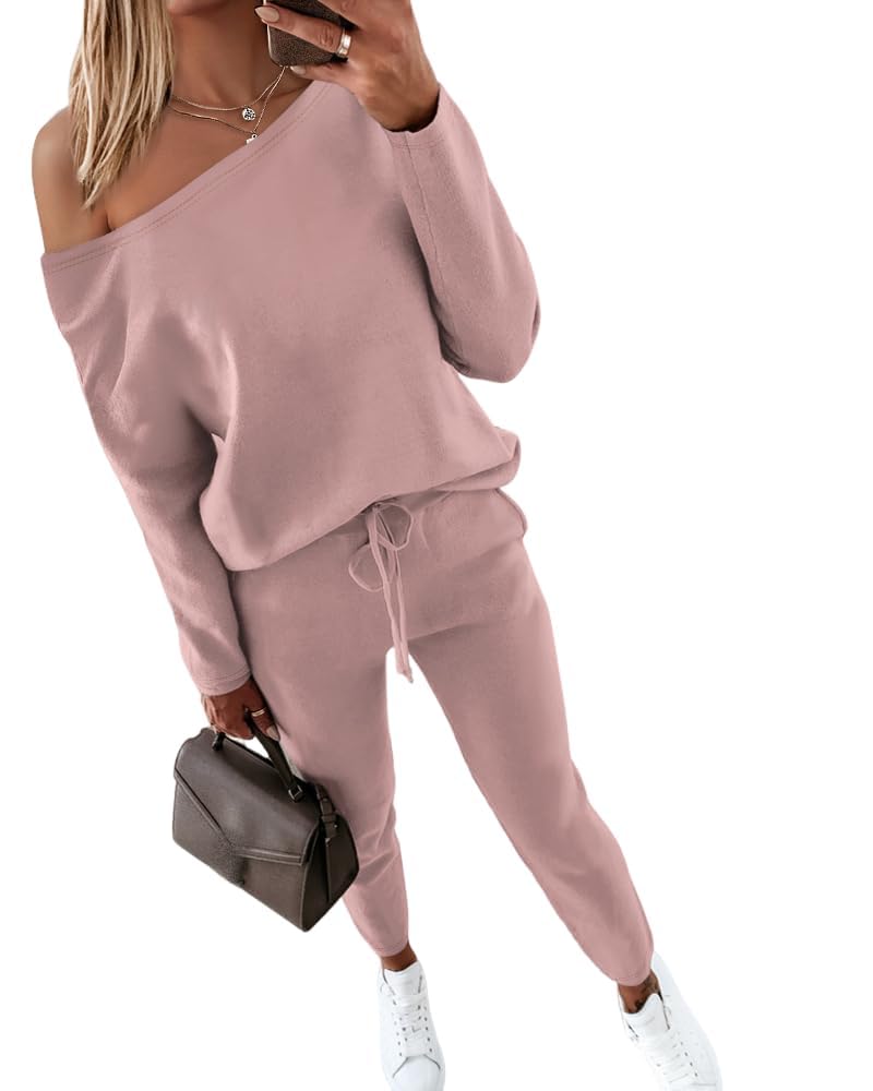 CHICME Women Tracksuit Fall 2 piece Outfits Off The Shoulder Long Sleeve Tops and Pants Set Travel Outfits