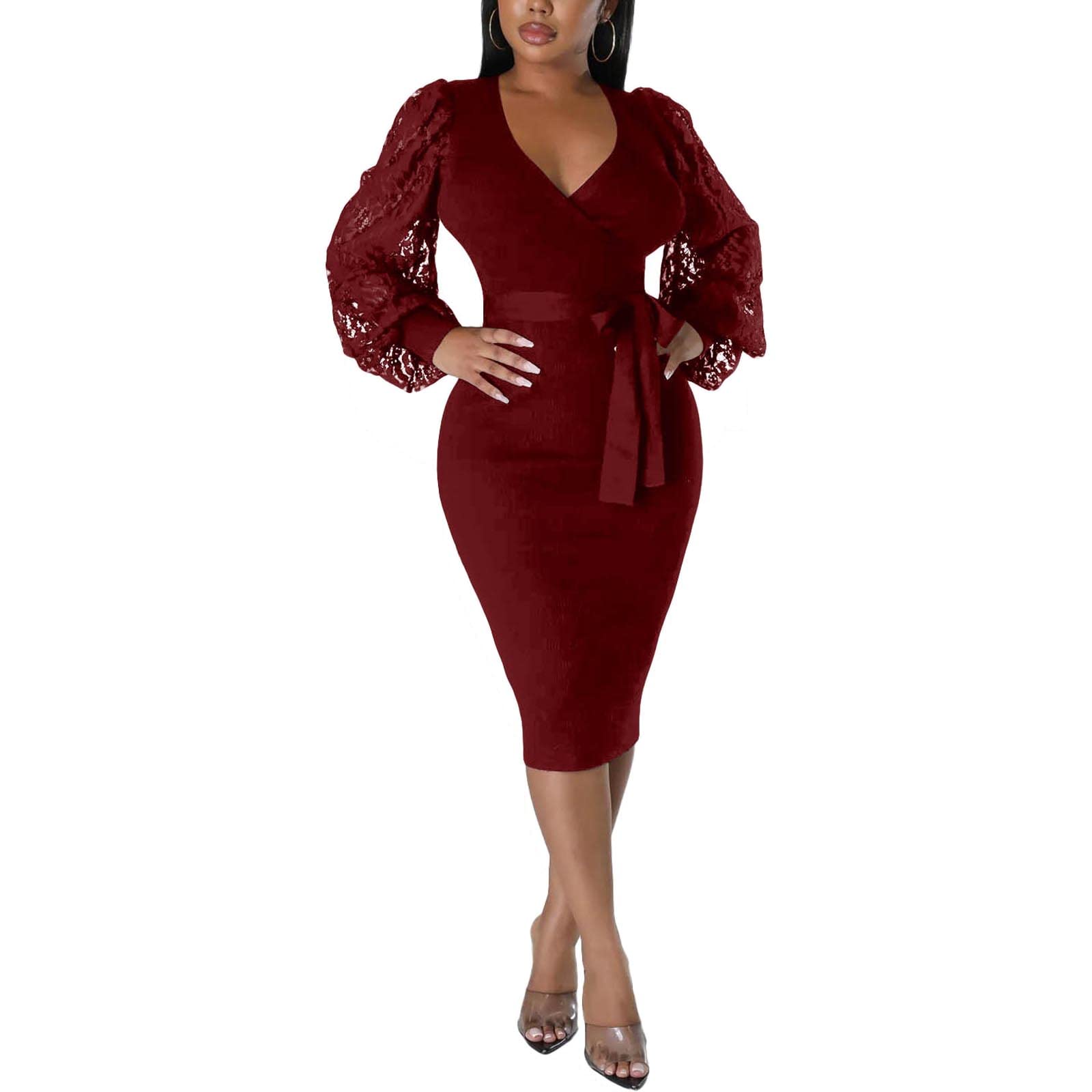 BOGURST Semi Formal Church Dresses for Women Bishop Sleeve Sexy V Neck Bodycon Midi Dresses
