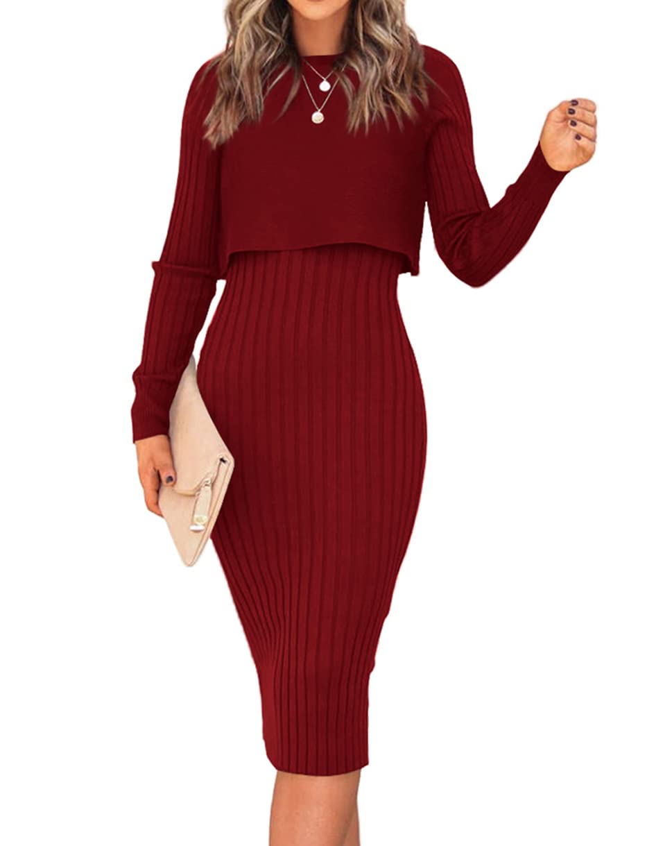 Ezbelle Women's Long Sleeve Sweater Dresses 2 Piece Outfits Sets Ribbed Knit Crop Tops and Tank Bodycon Midi Dress
