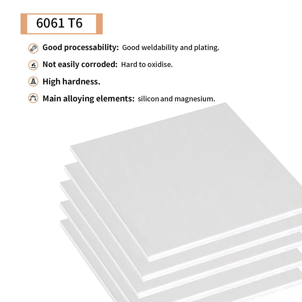 5PCS 6061 Aluminum Sheet Metal 1/4" x 4" x 4", Aluminum Plates Covered with Protective Film, Heat Treatable Aluminum Flat Bar for DIY Craft, Industry