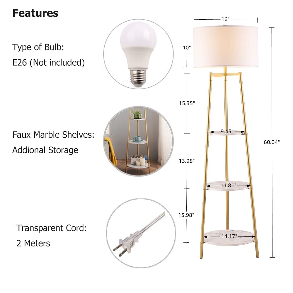 ROSEN GARDEN Floor Lamp, Standing Reading Light with Shelves and Fabric Shade, Modern Tall Pole Lamp, Accent Furniture Décor Lighting for Living Room, Bedrooms (Gold, 4-Tier)