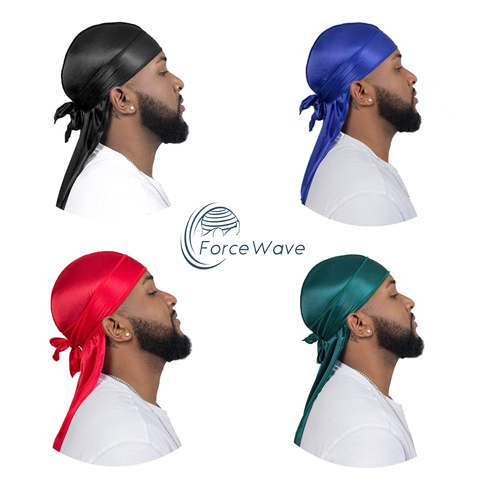 4PCS Silky Durags for Men Women 360 Waves with 1 Wave Cap, Silky Satin Durag Extra Long Tails