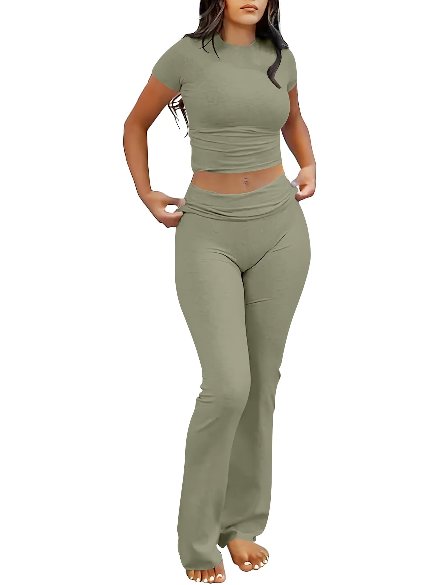 ANRABESS 2 Piece Lounge sets for Women | Soft Comfy Stretchy, Crop Top & Foldover Flare Leggings, Yoga Workout Matching Outfits, Trendy Y2k, Summer Wear Fall Layer