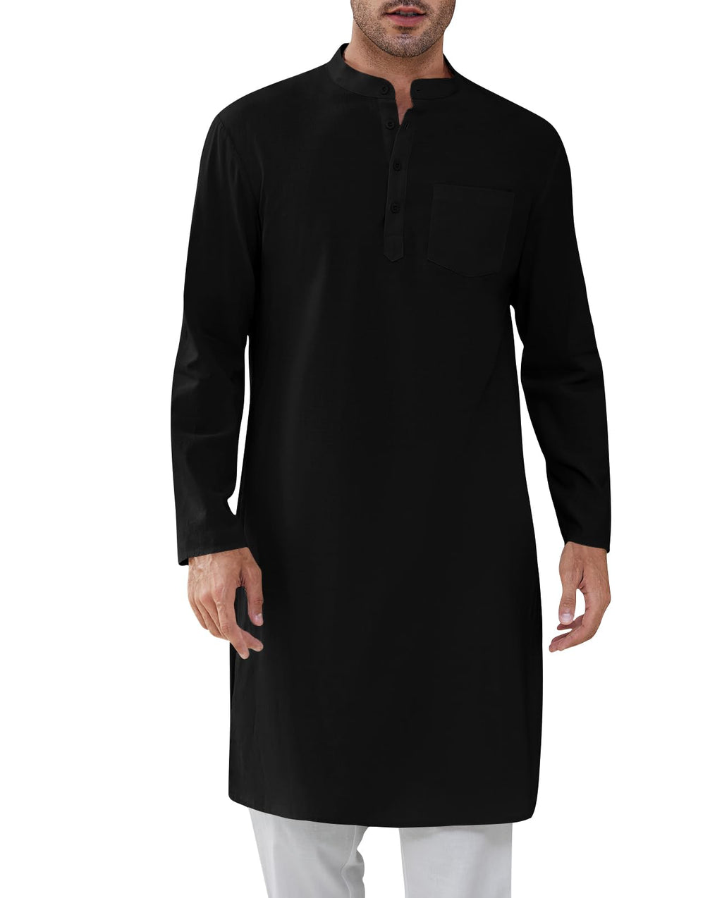 Gafeng Mens Kaftan Robe Button Down Long Sleeve Henley Cotton Thobe Casual Side Split Gown Shirt
