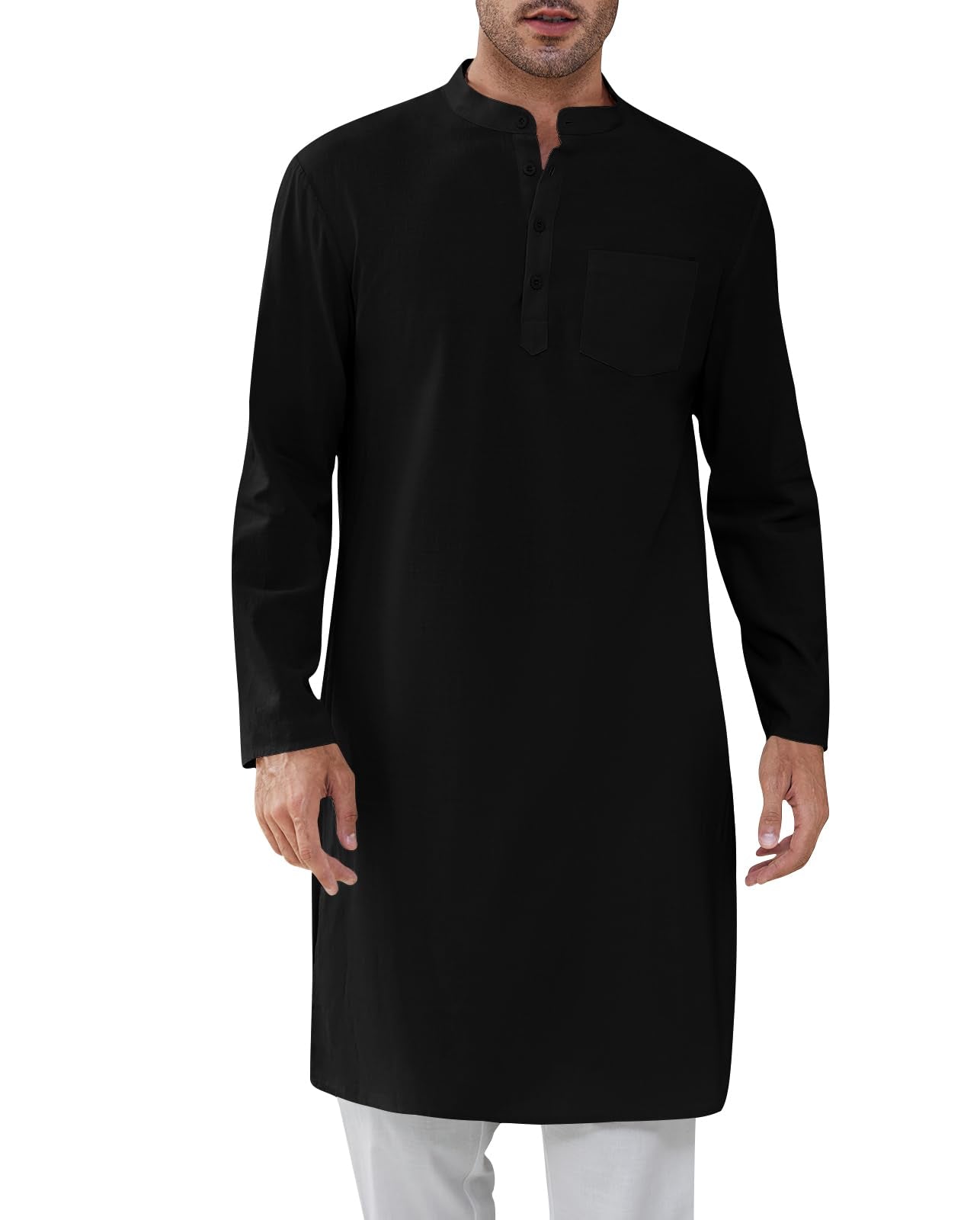 Gafeng Mens Kaftan Robe Button Down Long Sleeve Henley Cotton Thobe Casual Side Split Gown Shirt