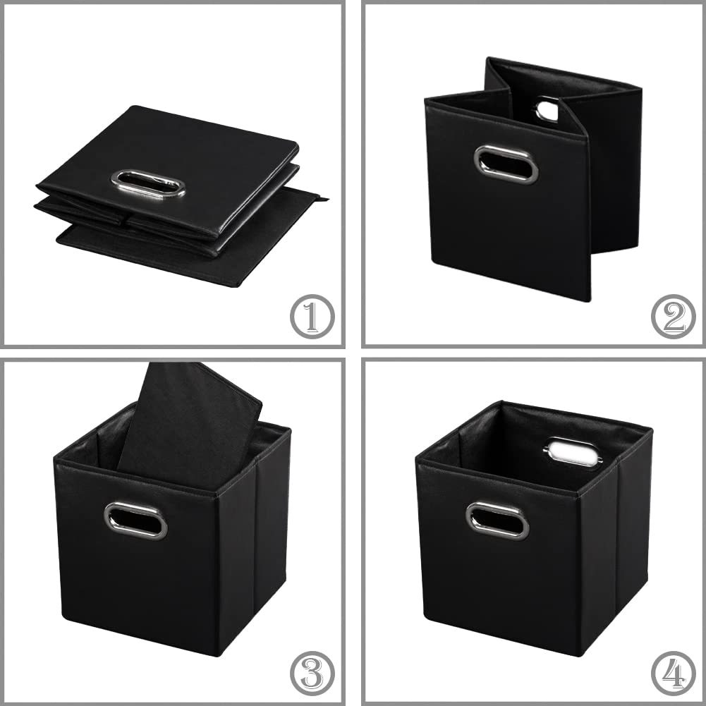 PRANDOM Leather Foldable Cube Storage Bins 11x11 inch [4-Pack] Fabric Storage Baskets Cubes Drawer with Cotton Handles Organizer for Shelves Nursery Closet Bedroom Clothes Black