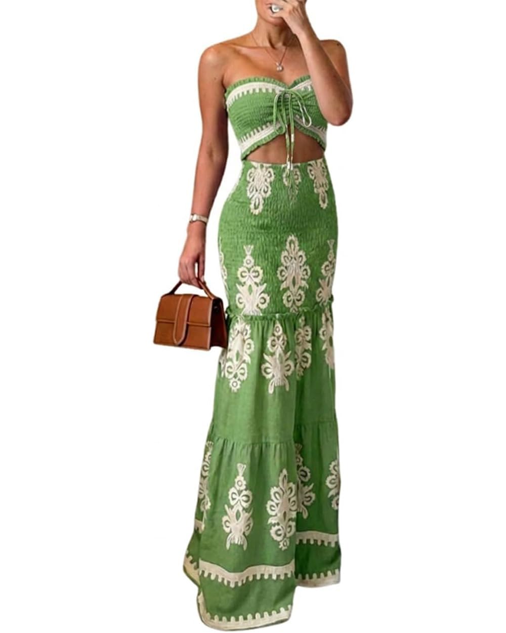 CHICME Floral Printed Vacation Dress Halter Tie Ruched Shirred Bandeau Party Dress Slim Ruffle Hem Wedding Guest Dress