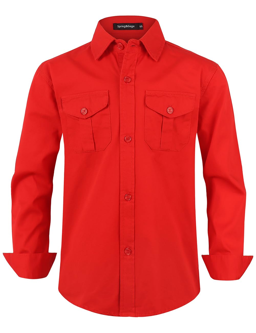 Spring&Gege Boys' Long Sleeve Button Down Shirt for Kids Woven Solid Two Pockets