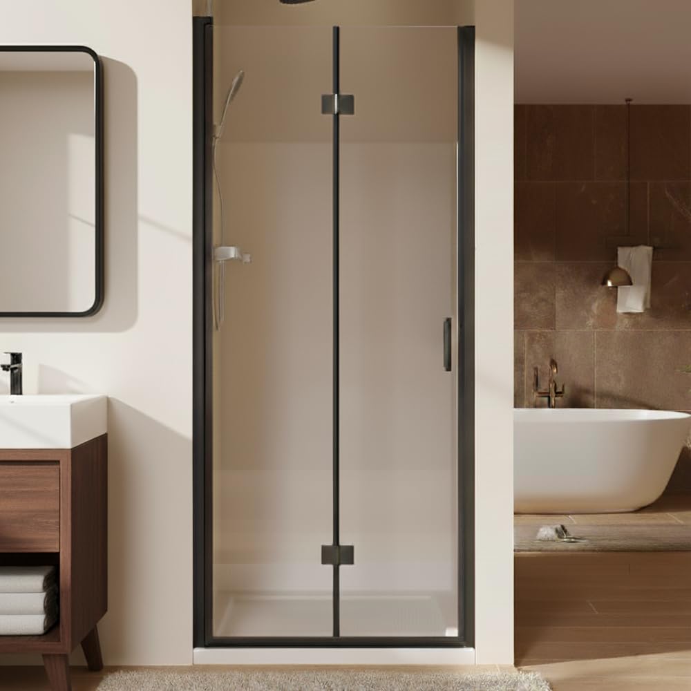 28” x 72” Pivot Shower Door, 1/4 inch Tempered Glass Panel Pivot Swing Shower Door in Matte Black Finish, Semi-Frameless Design