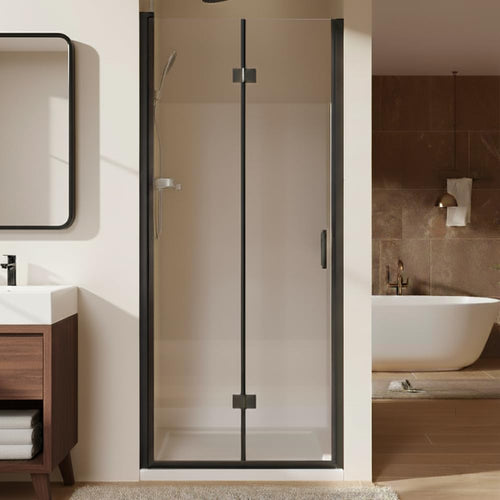 28” x 72” Pivot Shower Door, 1/4 inch Tempered Glass Panel Pivot Swing Shower Door in Matte Black Finish, Semi-Frameless Design